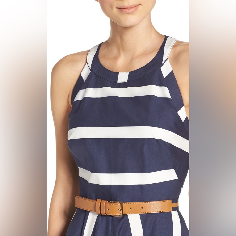 Eliza J Navy Blue And White Striped Fit And Flare Dress - Picture 4 of 15